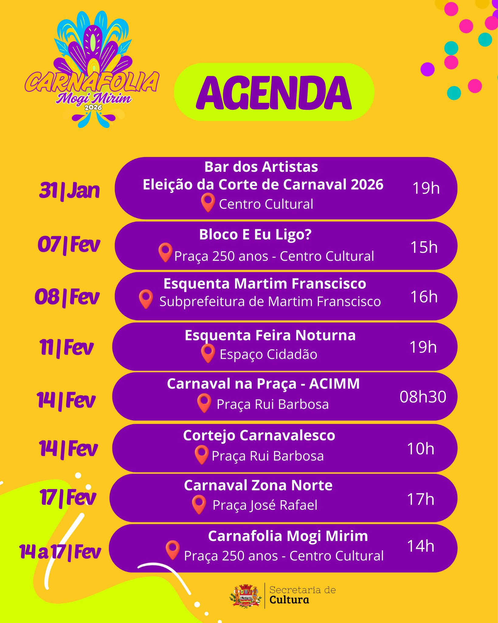 Definida a programação do Carnaval de Mogi Mirim.